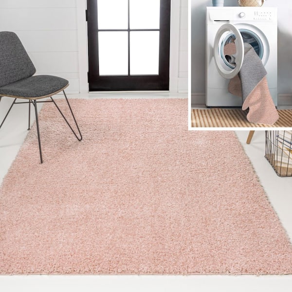 JONATHAN Y Pink 3 ft. x 5 ft. Clayton Coastal Solid Glam Shag Machine-Washable Area Rug