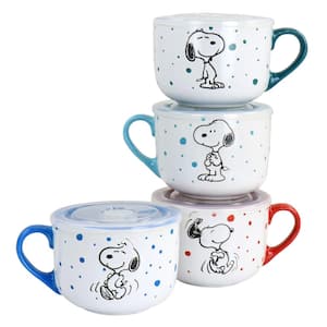 Peanuts Freckled Joy 25 fl. oz. Assorted Colors Stoneware Soup Bowl Cup and Lid (Set of 4)