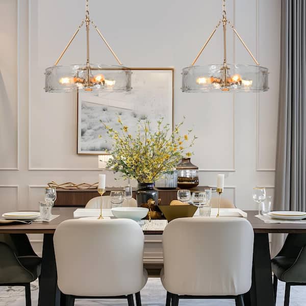Glacera 4-Light Modern Gold Drum Light Chandelier, 19.5 in. Medium Kitchen Island Pendant Light with Open Textured Glass