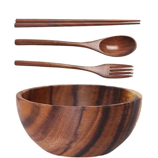 Large Round Acacia Wood Serving Bowl with Wooden Fork, Spoon, and Chopsticks 6.3 in. Diameter x 3 in. H