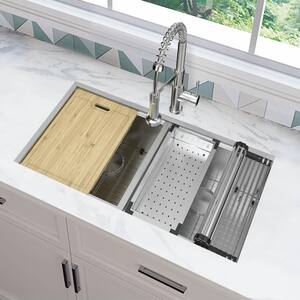 Zero Radius Undermount 16G Stainless Steel 36 in. 50/50 Double Bowl Workstation Kitchen Sink with Accessories