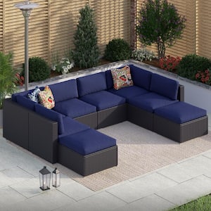 8PC Patio Rattan Conversation Set with Blue Cushions