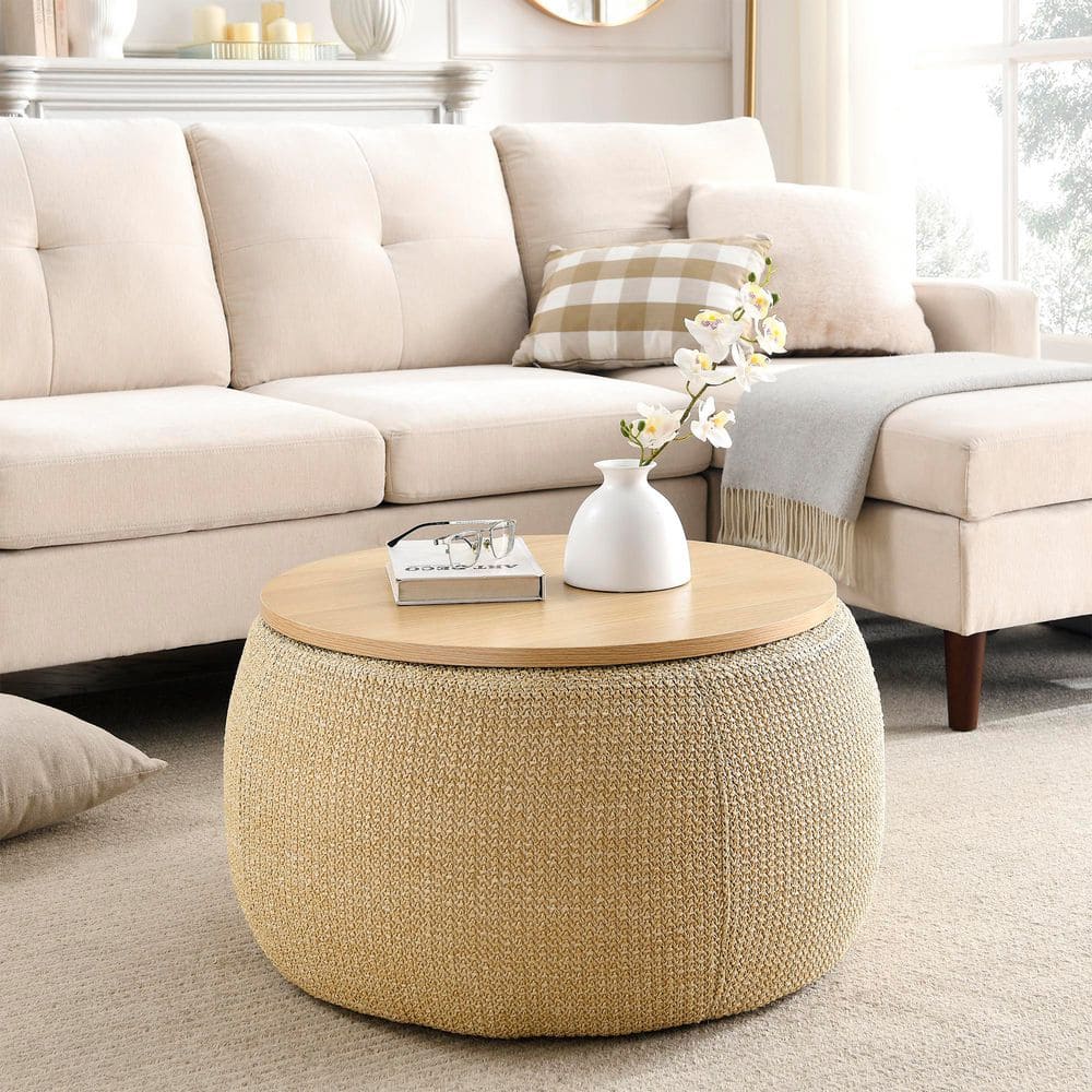 Monroe Natural Modern Polyester Upholstered Plastic Round Storage Ottoman, MDF