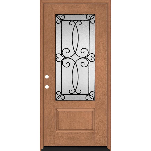 Regency 36 in. x 80 in. 3/4-Lite Georgian Decorative Glass RHIS Autumn Wheat Mahogany Fiberglass Prehung Front Door