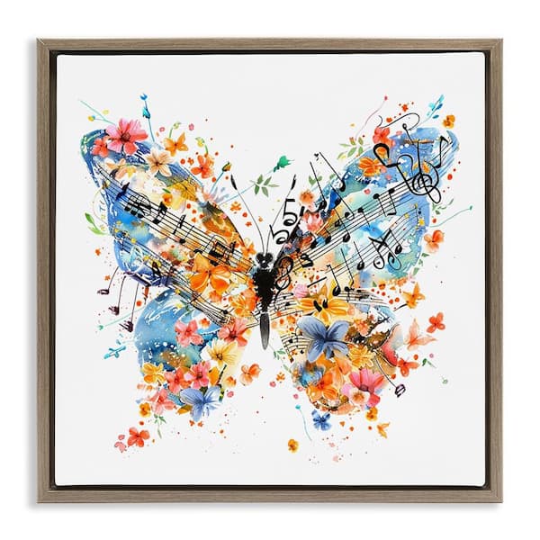 Stupell Industries Song Notes Butterfly by LSR Design Studio Brown Floater Frame Animal Graphic Art Print 25 in. x 25 in.
