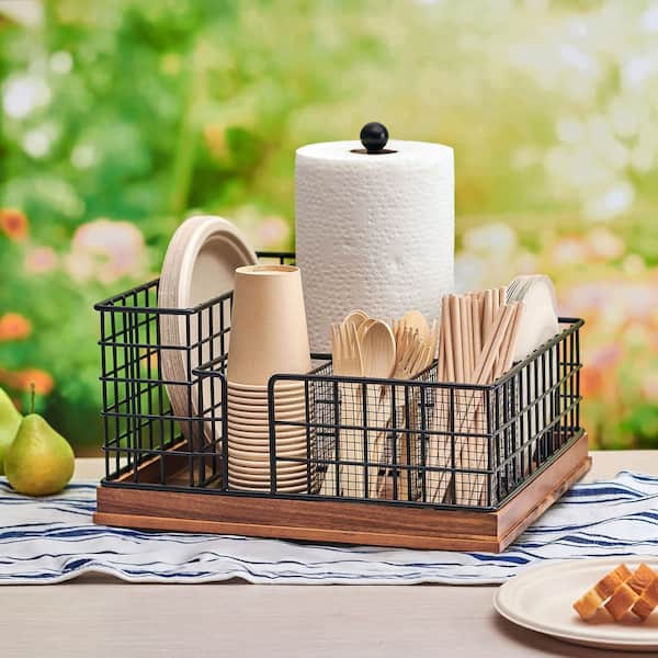 Grid Black Buffet Countertop Picnic Storage Caddy with Paper Towel Holder, 13 x 13.5 x 12 Inch