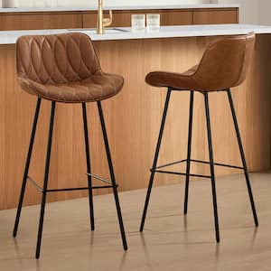 Modern 30.71 in Seat Height Brown Faux Leather Counter Stools with Metal Frame