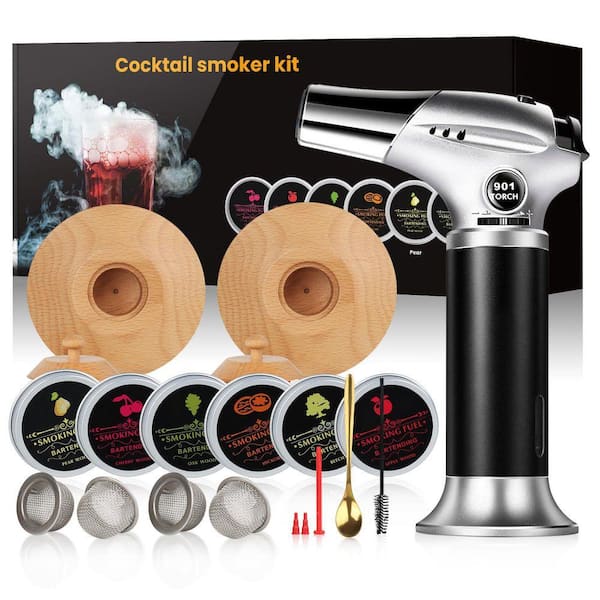 Lynzavix 6-Piece Black Wood Cocktail Smoker Kit with Torch and 6