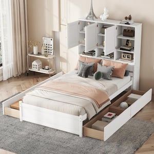 White Wood Frame Full Size Platform Bed with Cabinets, Shelves, and 4 Drawers