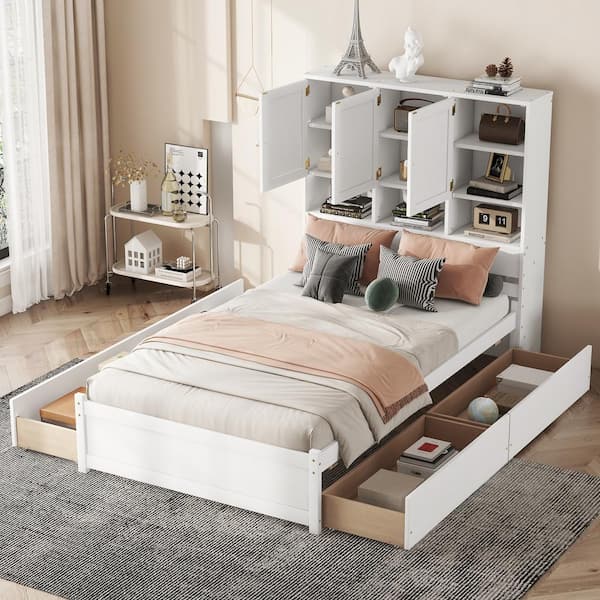 Harper & Bright Designs White Wood Frame Full Size Platform Bed with Cabinets, Shelves, and 4 Drawers