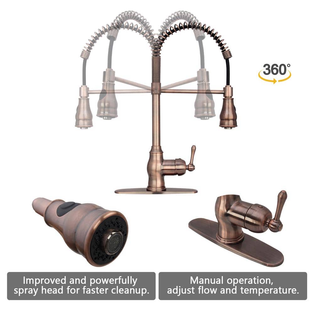 Antique Copper Pre-Rinse Spring Kitchen Faucet with Pull Down Sprayer