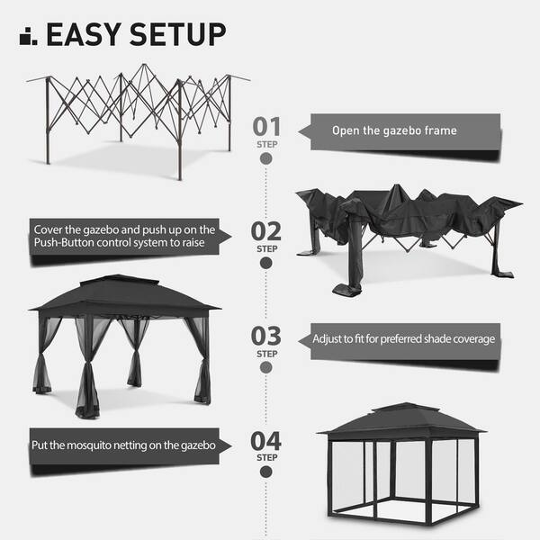 JOYSIDE 11 ft. x 11 ft. Black Steel Pop-Up Gazebo with Mosquito