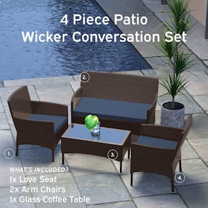 4-Piece Brown Patio Outdoor Furniture Wicker Conversation Set with Blue Cushions, 1-Loveseat, 2-Chairs and Coffee Table
