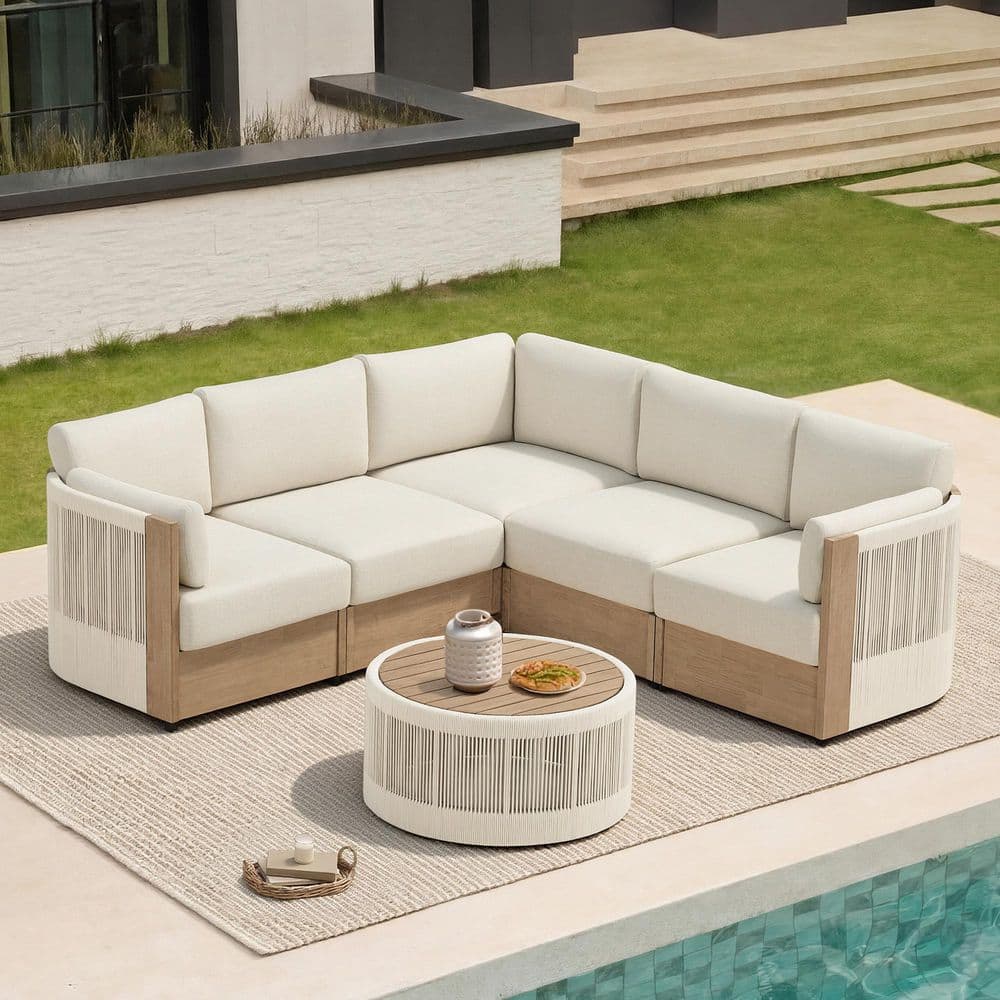 Pavo 6-Piece Olefin Patio Conversation Set with Coffee Table and Cream Cushions, Brushed Smoke Gray Acacia Wood Frame price history on PriceWatchPro