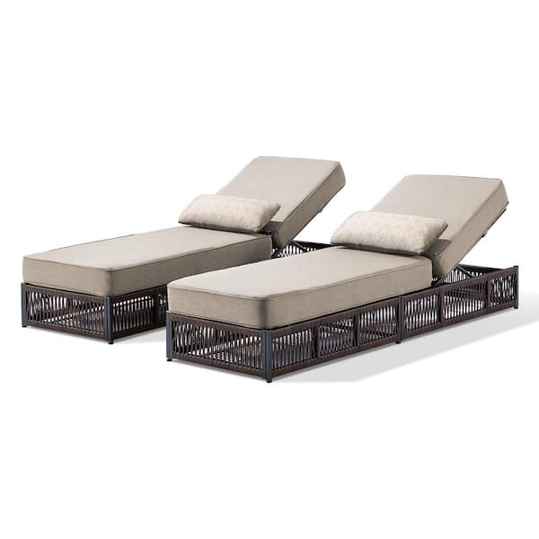 RWoven Brown Wicker Outdoor Chaise Lounge for Outside Patio Adjustable Backrest Lounger with Beige Cushions(2-Pack)