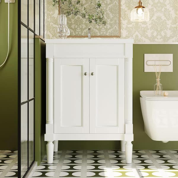 WELLFOR 24 in. W x 18 in. D x 34 in. H Single Sink Freestanding Bath Vanity in White with White Ceramic Top