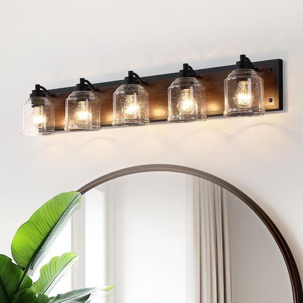 Farmhouse 40 in. 5-Light Black Bathroom Vanity Light, Modern Dark Wood Grain Wall Sconce with Clear Seeded Glass Shades