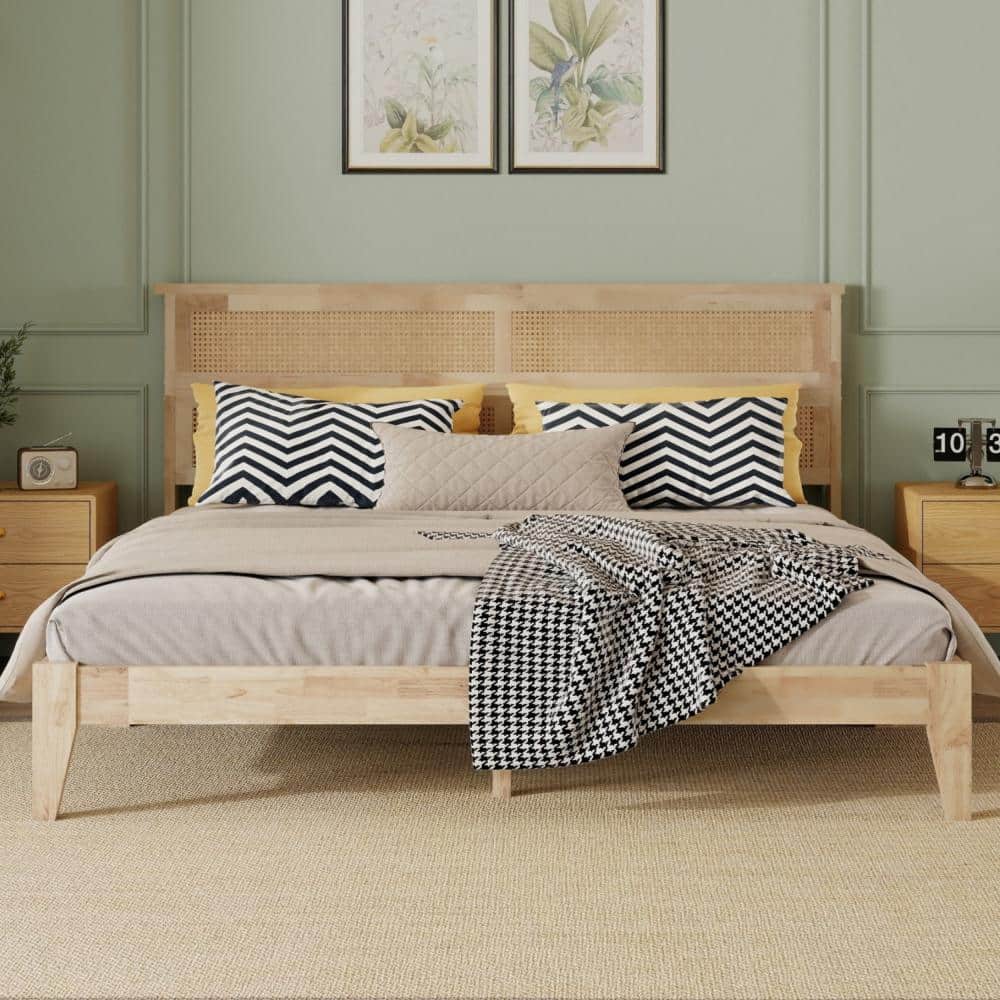 King Size Solid Rubber Wood Platform Bed with Woven Rattan Headboard, Central Support Beams, Natural price history on PriceWatchPro