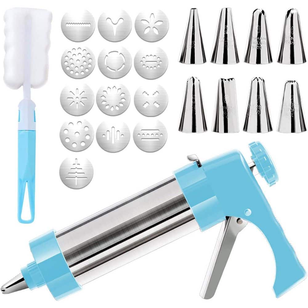Cookie Press Gun Kit 13-Piece Blue Stainless Steel with 13 Cookie Discs and
