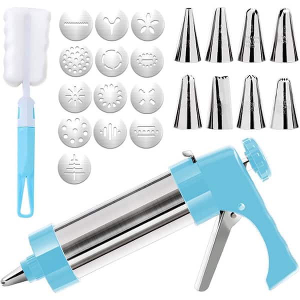 Adrinfly Cookie Press Gun Kit 13-Piece Blue Stainless Steel with 13 Cookie Discs and 8 Piping Tips for Baking and Decorating