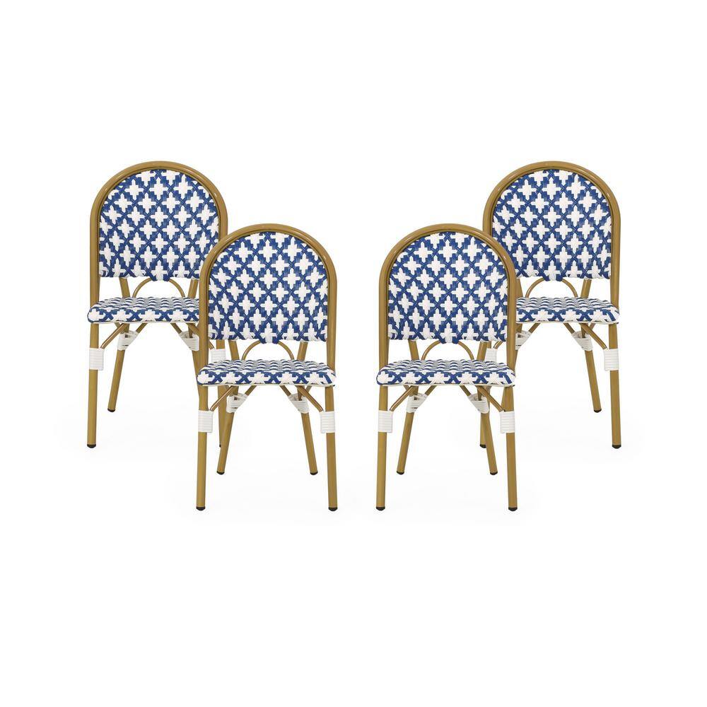 Chic Bamboo-Finished Aluminum Bistro Chairs in Blue/White (Set of 4)