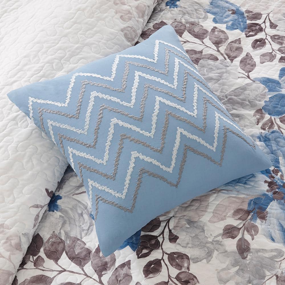Blue Floral King Microfiber Reversible Quilt Set with Pillows