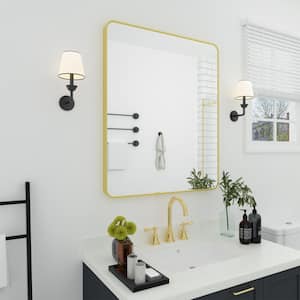 30 in. W x 36 in. H Rectangular Framed Wall Bathroom Vanity Mirror in Brass