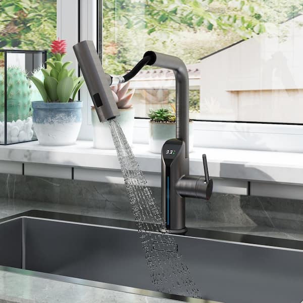 FUFU&GAGA Commercial Modern Single-Handle Faucets for Kitchen Sinks with Pull-Down Sprayer Kitchen Faucet in Gun Gray