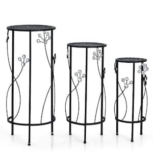 3-Piece Round Nesting Indoor/Outdoor Black Crystal Floral Metal Plant Stand