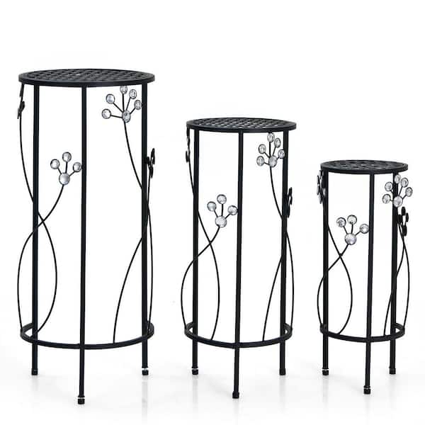 ANGELES HOME 3-Piece Round Nesting Indoor/Outdoor Black Crystal Floral Metal Plant Stand