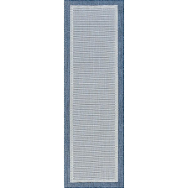 Tayse Rugs Eco Solid Border Blue 3 ft. x 10 ft. Indoor/Outdoor Runner Rug