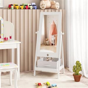 White Wood 17.5 in. Kids Freestanding Full Length Dressing Floor Mirror with Shelf Storage Bin