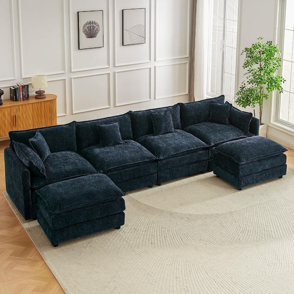 147.2 in. Square Arm  6-piece Chenille U-Shaped Deluxe Pillow-Styled Modular Sectional Sofa in. Blue with 2 Ottoman
