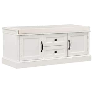 Deel18 in. H x 16in. W White Wood Rectangle Shoe Storage Bench with 2 drawers，2 cabinet and Removable Cushion