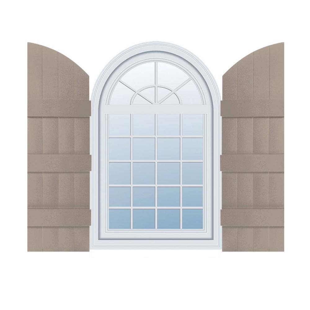 14 in. W x 69 in. H Vinyl Exterior Arch Top Joined Board and Batten Shutters Pair in Clay