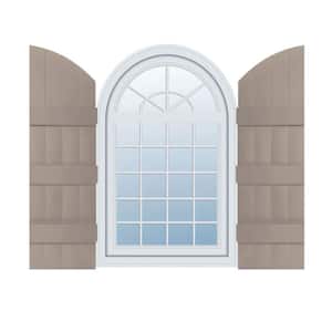 14 in. W x 94 in. H Vinyl Exterior Arch Top Joined Board and Batten Shutters Pair in Clay