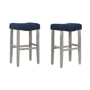 Jameson 29 in. Bar Height Antique Gray Wood Backless Barstool with Navy Blue Upholstered Linen Saddle Seat (Set of 2)