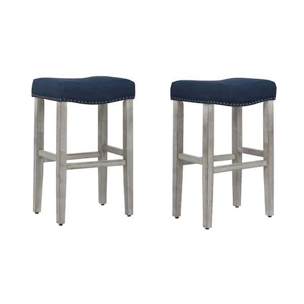 WESTINFURNITURE Jameson 29 in. Bar Height Antique Gray Wood Backless Barstool with Navy Blue Upholstered Linen Saddle Seat (Set of 2)