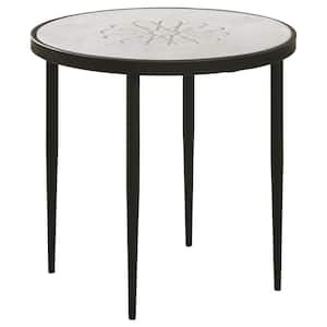 20.5 in. White and Black Round Marble End Table with Floral Motifs