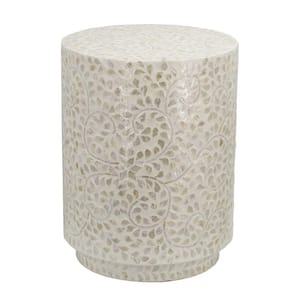 14 in. White and Ivory Round Wood end table with Foliage Star Pattern