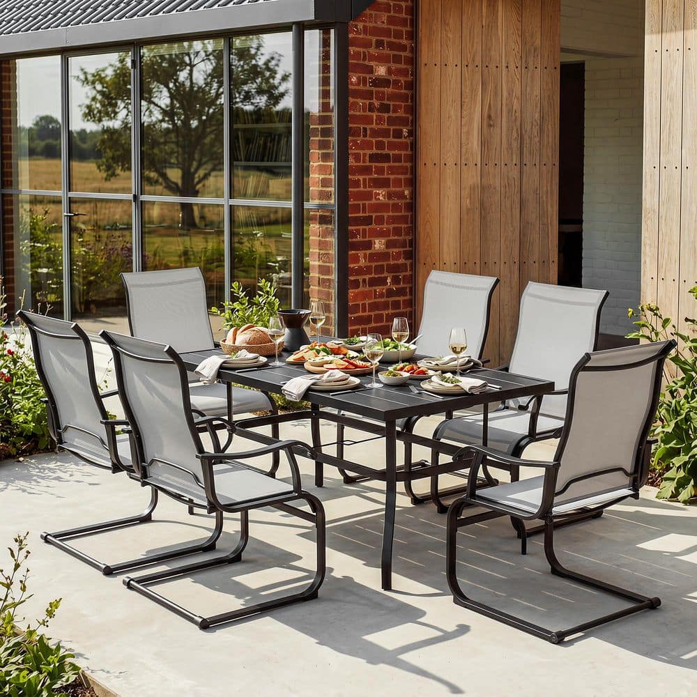 Black 7-Piece Iron and Textilene Rectangular Outdoor Dining Set with Umbrella Hole, C-Spring Motion Chairs price history on PriceWatchPro