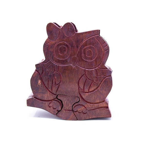 Global Crafts Handmade Mama Owl with Babies Sheesham Wood Puzzle Box