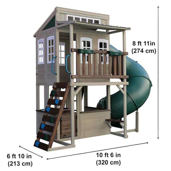 DIY Cozy Escape Outdoor Wooden Playhouse with Tube Slide, Rock Wall, 2 Stories Play Decks, Balcony, and Play Kitchen