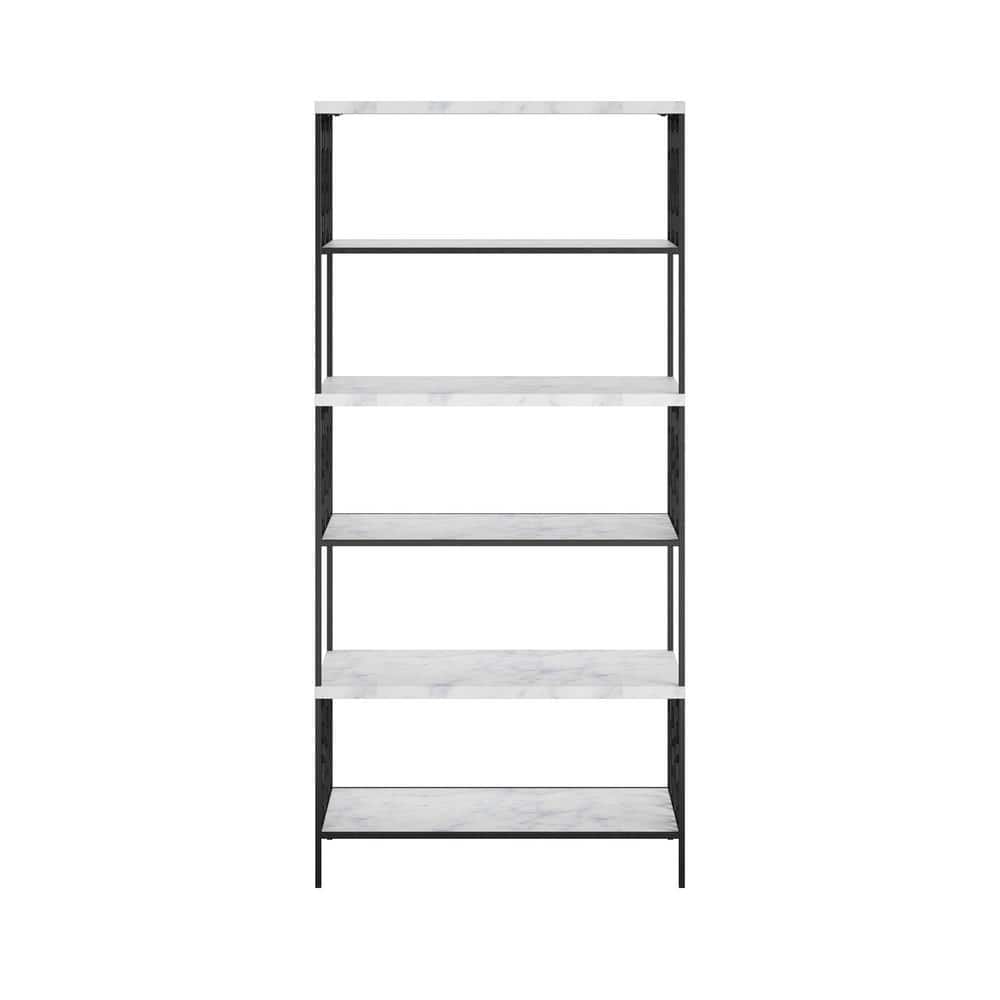 Ella Modern White Marble and Black Metal 5-Shelf Bookcase