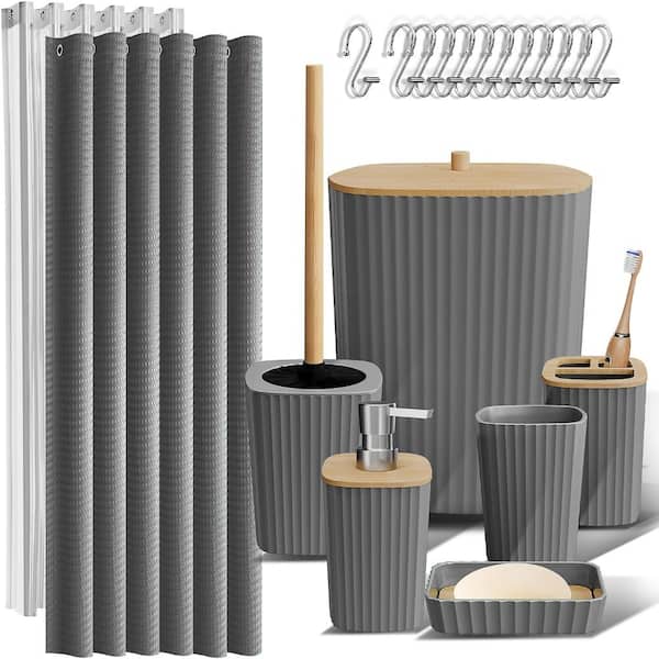 Bathroom Set, Bathroom Accessory Set, Shower Curtain Set, Toilet Brush, Trash Can & Soap Dispenser in Gray
