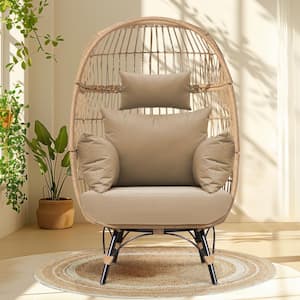 Patio Beige Stationary Wicker Ourdoor Indoor Lounge Egg Chair with Brown Cushions 440 lbs. Weight Capacity