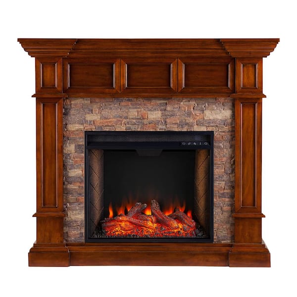 Southern Enterprises Imogen Alexa-Enabled 45.75 in. Convertible Smart Fireplace in Buckeye Oak with Faux Stone