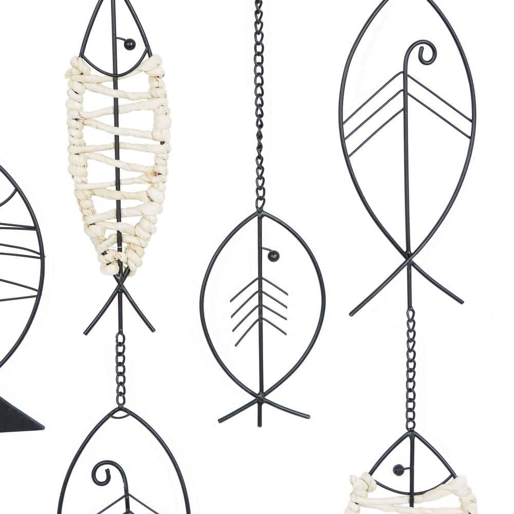 Black Metal and Rattan Coastal Fish Wall Sculpture