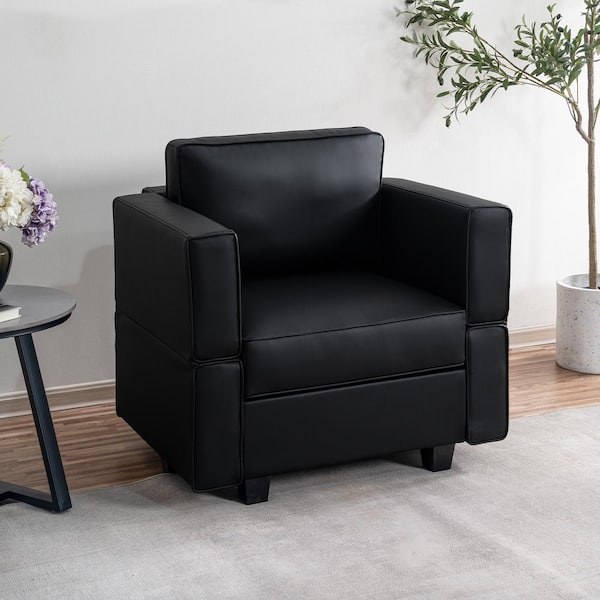MAYKOOSH 35.82 in. Black Faux Leather 1 Piece Sectional Arm Accent Chair with Storage Sofa Club Chair