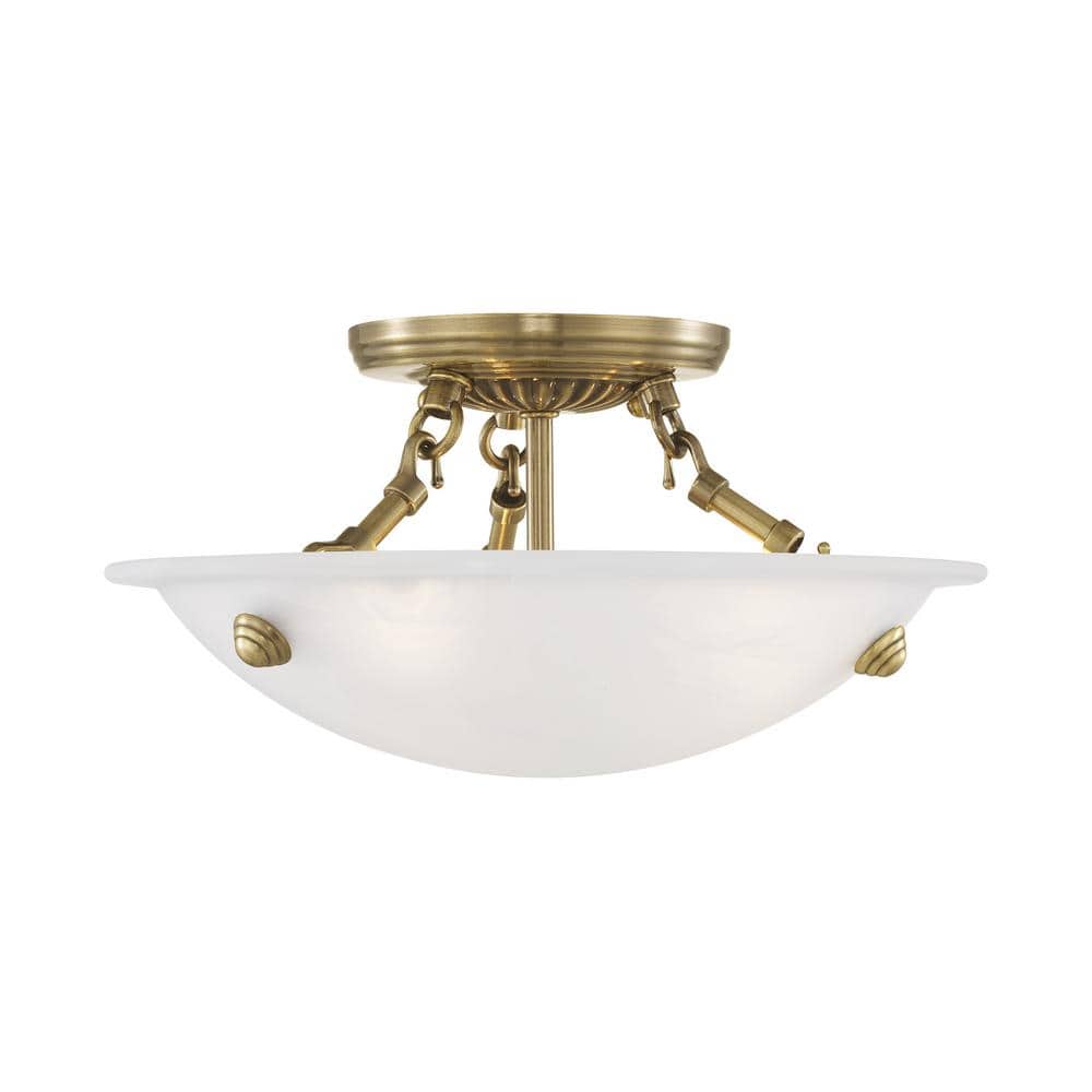 Oasis 12 in. 3-Light Antique Brass Semi Flush Mount with White Alabaster Gl